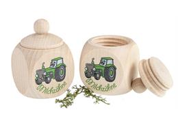 Milchzahndose mit Traktor aus Ahornholz