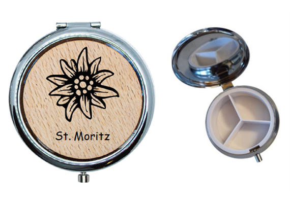 Pillendose aus Holz mit Edelweiss und St. Moritz beschriftet