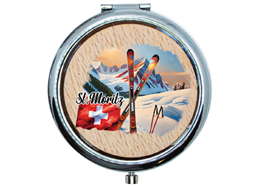 Pillendose aus Holz mit Winter Ski Design, St. Moritz