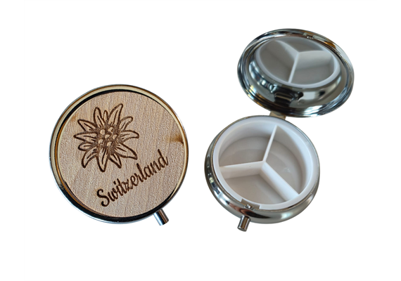 Pillendose mit Edelweiss mit Switzerland Gravur