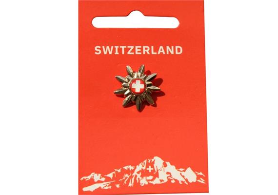 Pin Goldblume ® Schweiz-Tourismus, auf Kärtchen