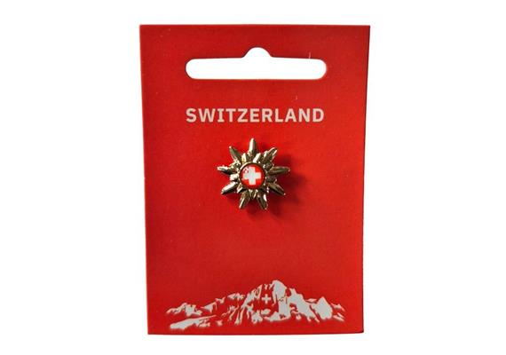 Pin Goldblume ® Schweiz-Tourismus, auf Kärtchen