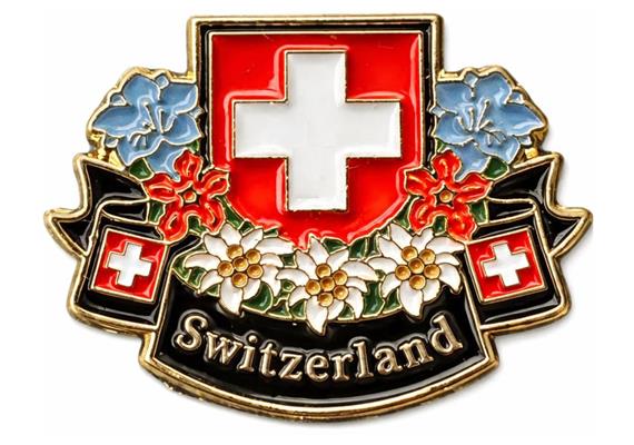 Pin Switzerland mit Blumen, 25 mm