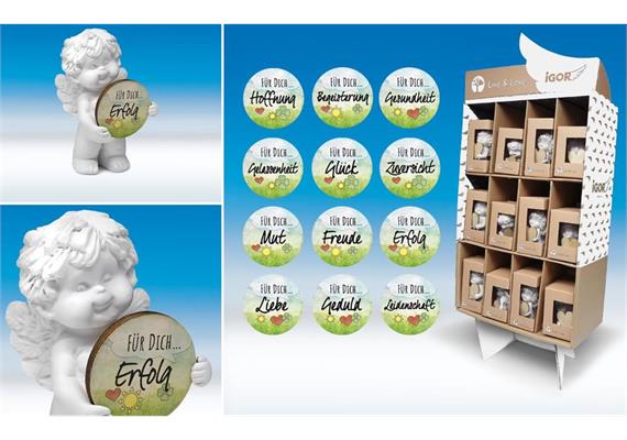 Poly-Engel ''Igor'' mit Holz-Taler im Display weiss-coloriert H7cm