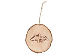 Rindenholz Schneidbrett rund, Bern und Berge, mit Schnur, 20 cm