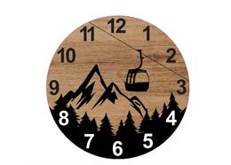 Runde Holz-Uhr mit Kabinenbahn-Motiv