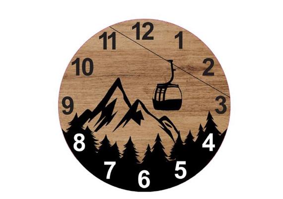 Runde Holz-Uhr mit Kabinenbahn-Motiv