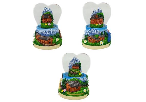 Schneekugel Herzform, Sommerlandschaft, 4.5cm, 3 assortiert