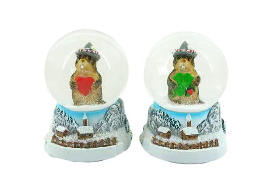 Schneekugel Murmeltier mit Herz und Kleeblatt, 4.5cm, 2 assortiert