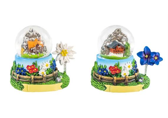 Schneekugel Sommer Almhütte mit beweglichem Enzian/ Edelweiss, 4cm, 2 assortiert