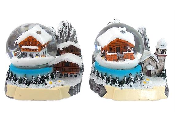 Schneekugel Winter Chalet und Kirche, 3.5cm, 2 assortiert