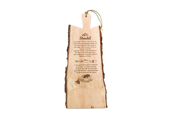 Schneidebrett aus Rindenholz mit Griff und Strudel Rezept, ca. 40x20 cm