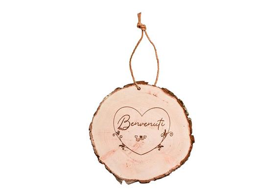 Schneidebrett rund aus Rindenholz an Schnur, mit Benvenuti, ca.20 cm