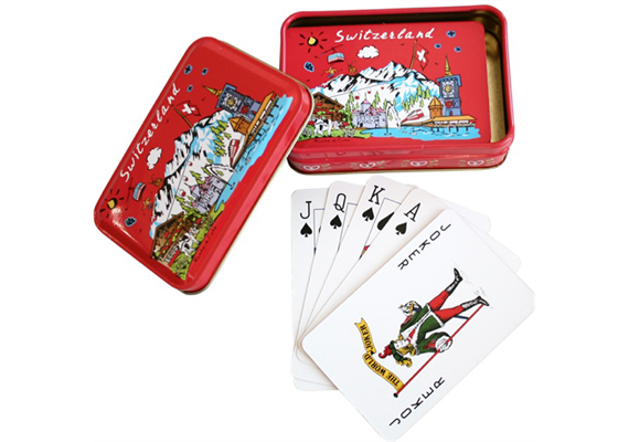 Spielkartenbox Metall mit CH Motiv mit Kartenspiel und 2 Joker