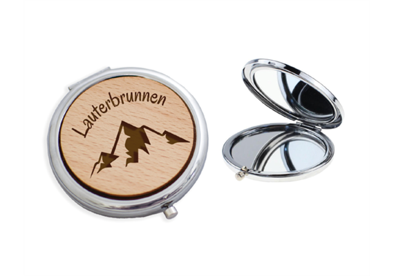 Taschenspiegel mit Holzdeckel, mit Ortnamen Gravur Lauterbrunnen und Berg