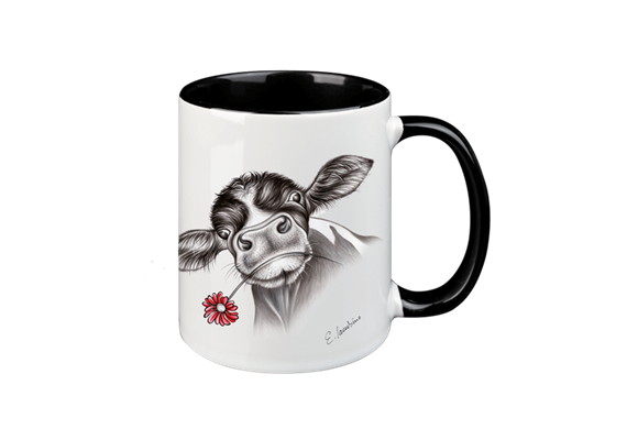 Tasse Kuh mit Blume, schwarz innen, 330ml