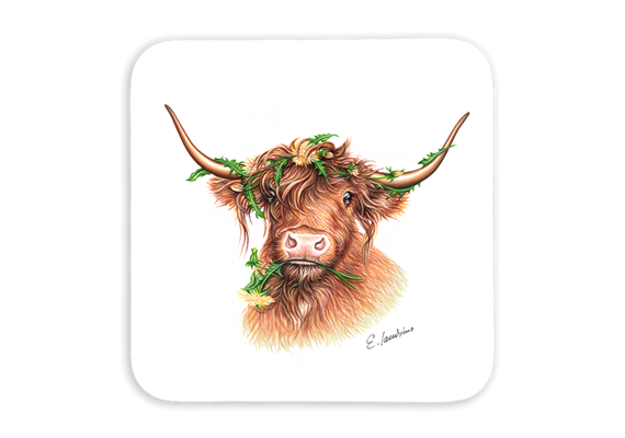 Untersetzer Blumenhochlandrind, 9 x 9cm