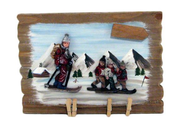 Bild aus Holz mit Skifahrer und Kluppen, 28x20 cm