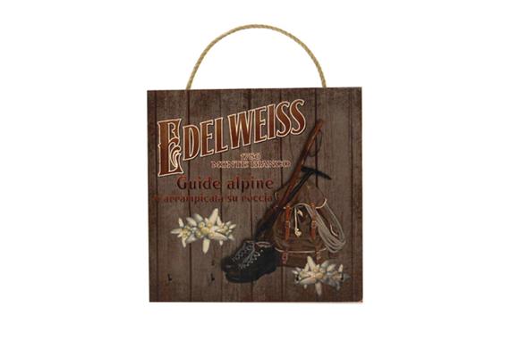Bild aus mit Rucksack, Wanderschuhe und Edelweiss, 30x30 cm