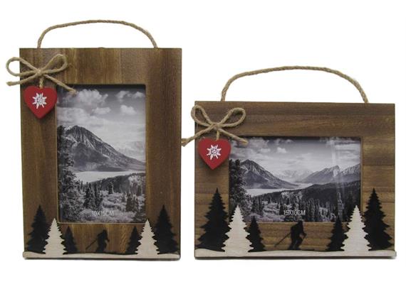 Bilderrahmen Holz mit Tannen und Skifahrer, 21 x 16 cm, 2 assortiert