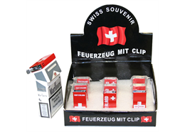 Feuerzeug Display à 12 Stück: mit Clip rot , 3 versch.Schweizer Sujets.