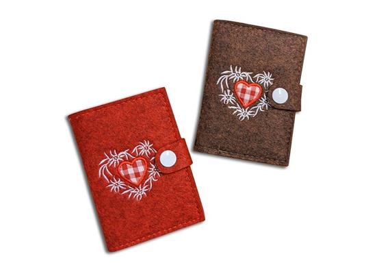 Filz-Portemonnaie rot u. braun mit Herz und Edelweiss, 2 assortiert