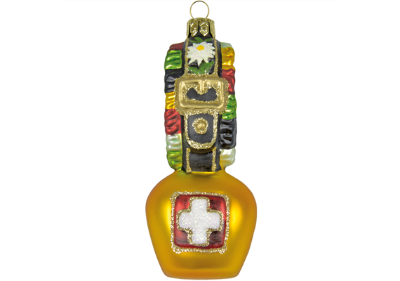Glas Ornament Glocke mit Schleife und CH Kreuz, 9.2 x 4cm