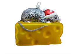 Glas Ornament Maus auf Käse mit CH Kreuz