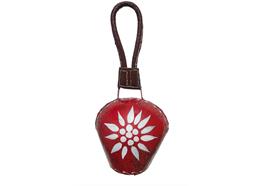 Glocke Metall rot mit Edelweiss und braunem Lederband, 13x11 cm