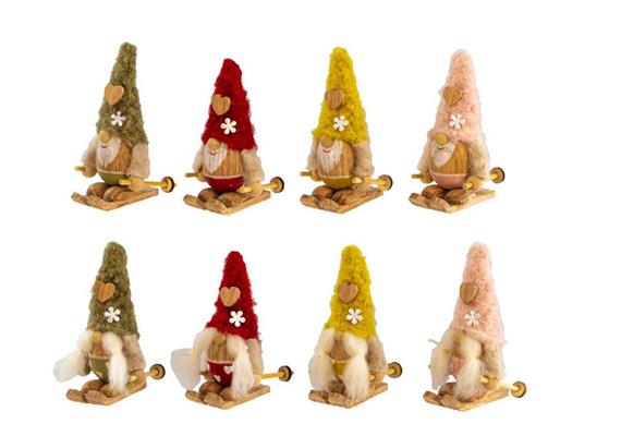 Gnom aus Holz mit Ski 4 div. Farben, 8 ass. 9x5cm