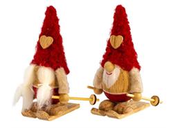 Gnom mit Ski aus Holz mit brauner Stoffmütze, 2 ass. 12x6cm