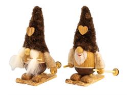 Gnom mit Ski aus Holz mit brauner Stoffmütze, 2 ass. 9x5cm