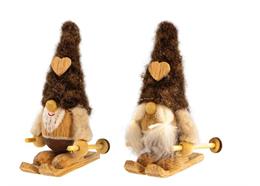 Gnom mit Ski aus Holz mit brauner Stoffmütze, 2 ass. 9x5cm