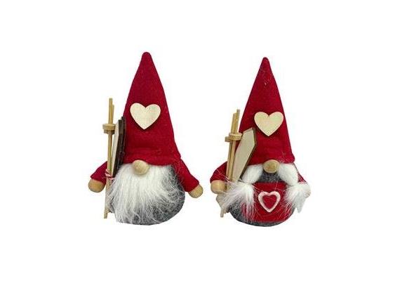 Gnom rot/grau mit Ski und Holzherz, 13cm, 2 assortiert