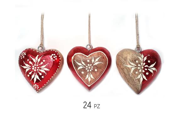 Herz aus Holz mit Glocke klein rot, Display 24 Stk, 3 assortiert