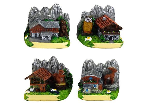Holz Häuser mit Tieren und Felsen, Sommer, 4 assortiert