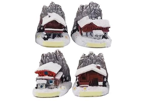 Holz Haus mit Bergen Winter, 4 assortiert
