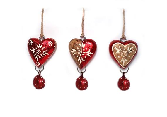 Holz Herz rot mittel mit Glocke rund, 4 x 2.5cm, 3 assortiert - 24 Stück im Display