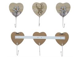 Holz-Kleiderhaken Herzen mit Edelweiss und Hirsch, 42 cm, 2 assortiert