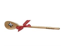 Holz Kochlöffel aus Buche, CH Kreuz Laserschnitt, Schleife rot