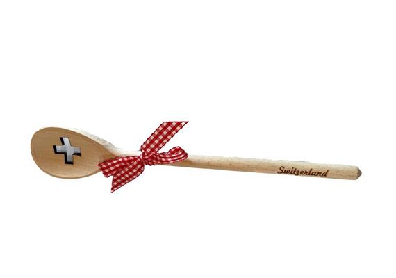 Holz Kochlöffel aus Buche, CH Kreuz Laserschnitt, Schleife rot