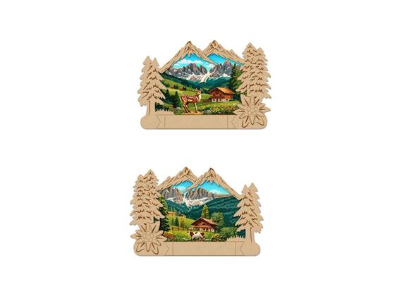 Holz Magnet Berge mit Tanne und mit Landschaft, 2 assortiert