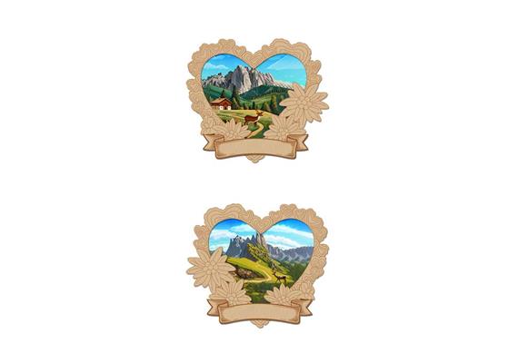Holz Magnet Herz mit Landschaft, 2 assortiert