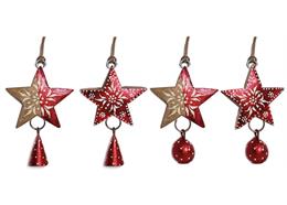 Holz Stern rot mit Glocke, 5 x 2cm, 4 assortiert - 24 Stück im Display