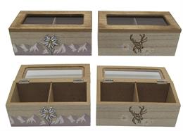 Holz Teebox mit Edelweiss und Hirsch, 9 x 18 cm, 2 assortiert