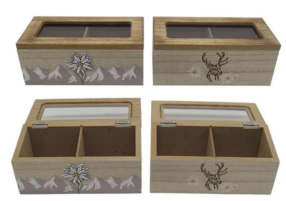 Holz Teebox mit Edelweiss und Hirsch, 9 x 18 cm, 2 assortiert