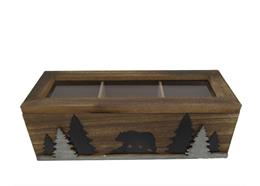 Holz Teebox mit Tannen und Bär, 23 x 9 cm