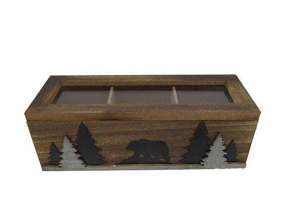 Holz Teebox mit Tannen und Bär, 23 x 9 cm