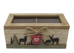 Holz Teebox mit Tannen und Hirsch, 18 x 10 cm
