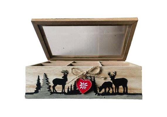 Holz Teebox mit Tannen und Hirsch, 24 x 16 cm